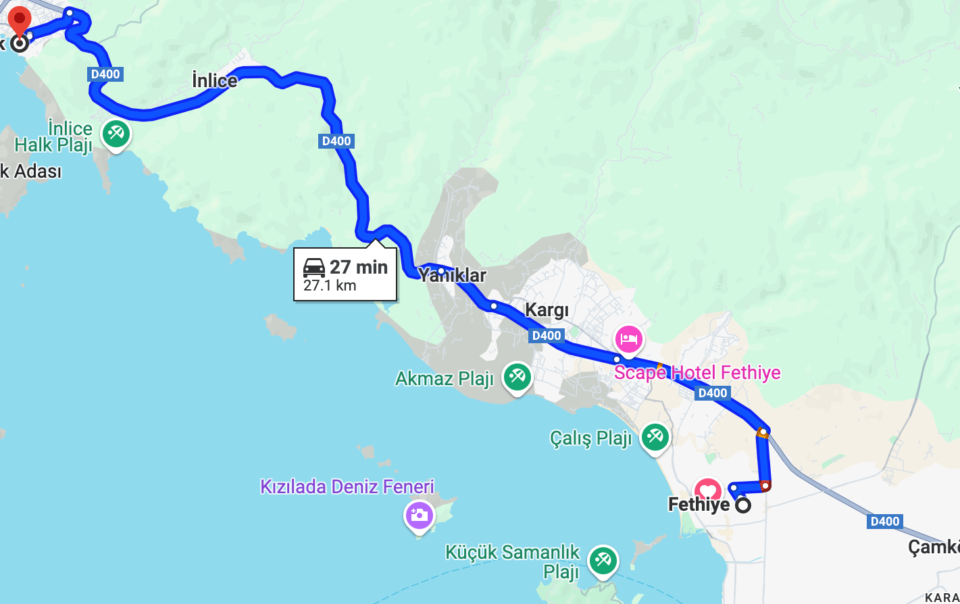 Fethiye to Göcek and Göcek to Fethiye bus route