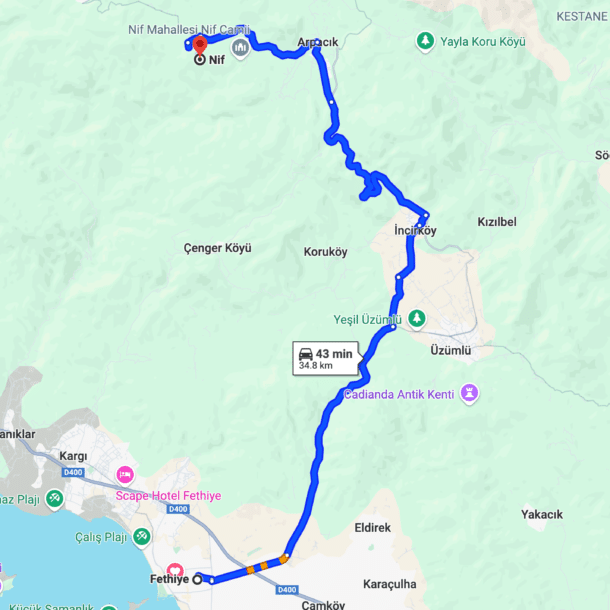 Fethiye to Nif directions