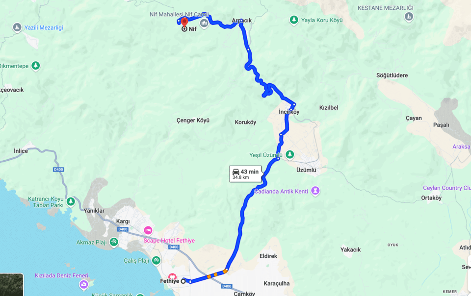 Fethiye to Nif directions